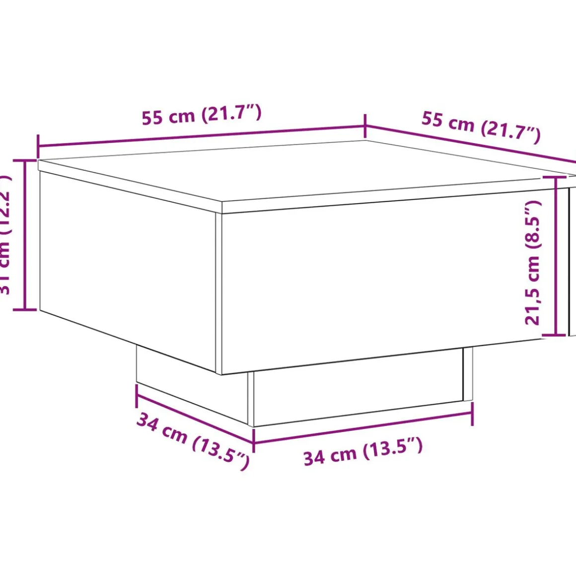 Mesa de centro Nueva York diseño fijo roble 31x55x55 cm