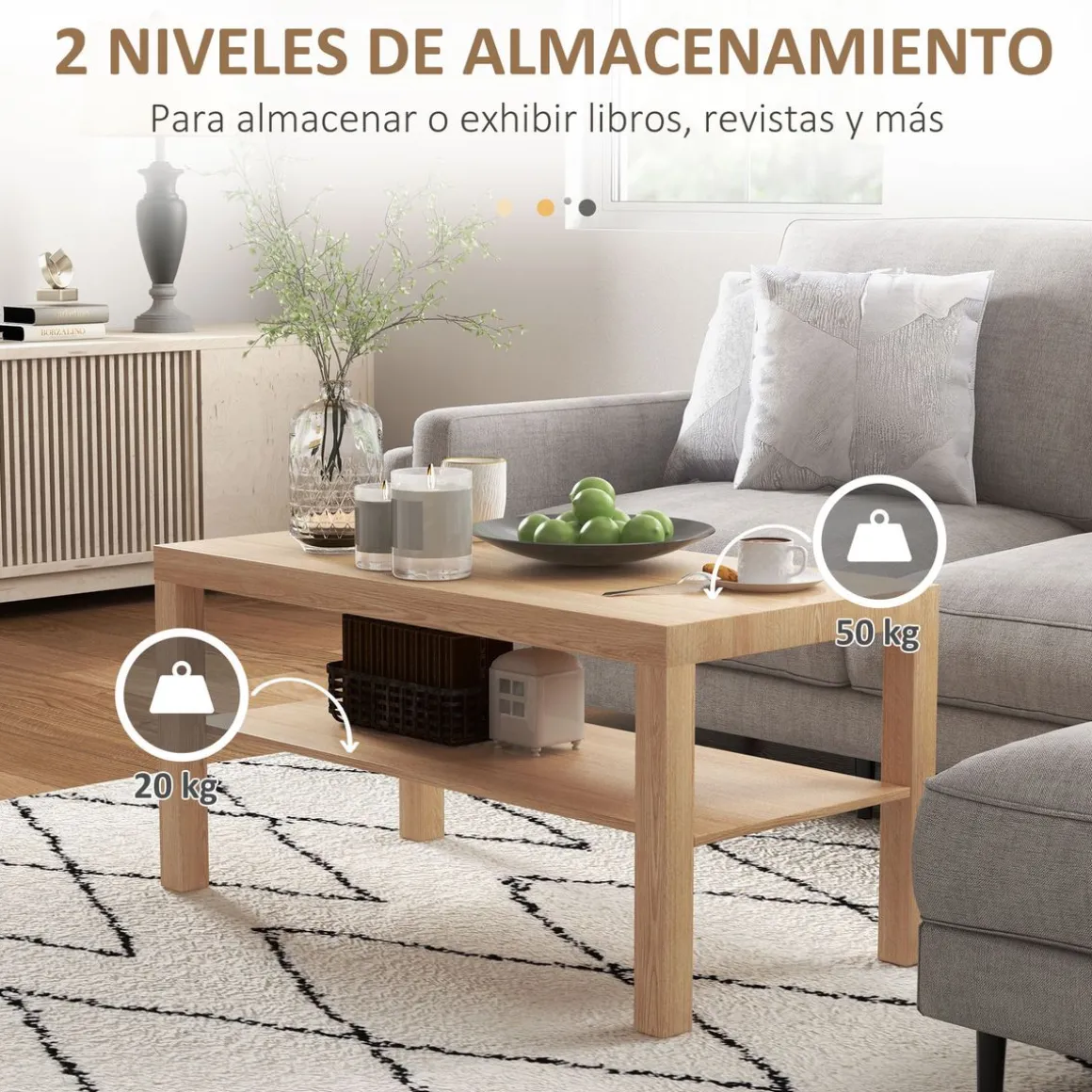 Mesa de centro Terra Homcom estante inferior natural 44,5x90x45 cm