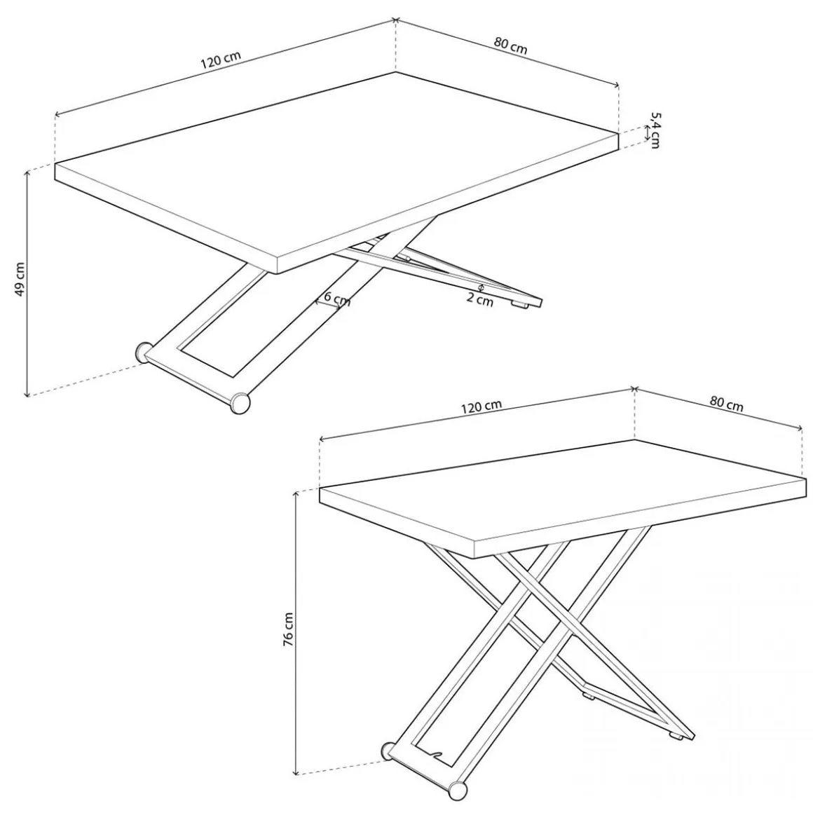 Mesa de centro Zoe elevable con tapa regular 49-76x120x80 cm