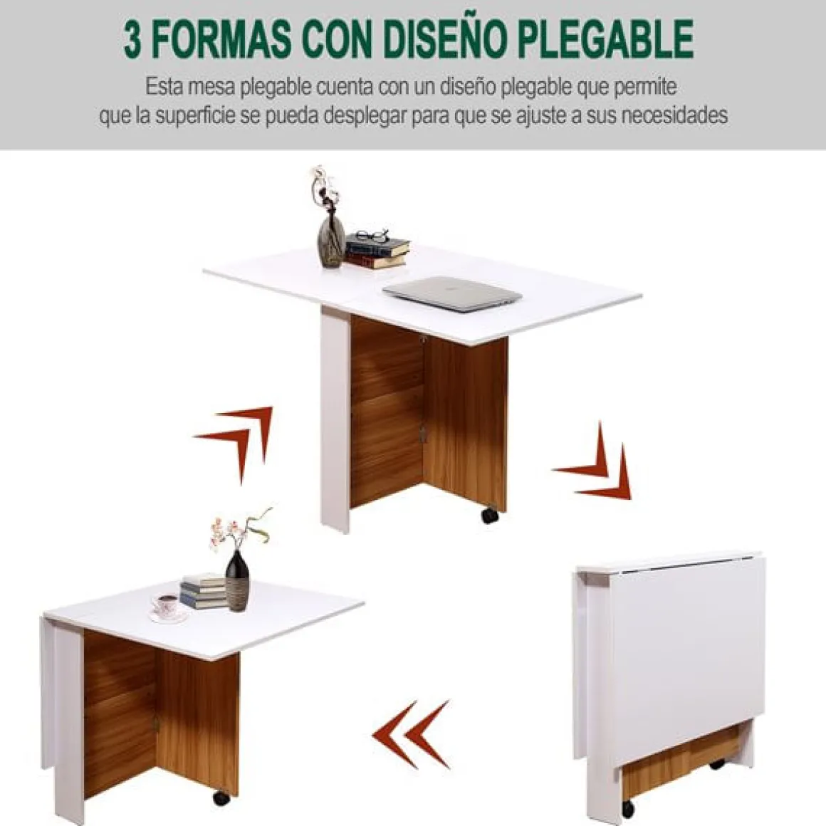 Mesa de comedor Homcom 3 posiciones plegable con ruedas blanco/madera 73x120x80 cm