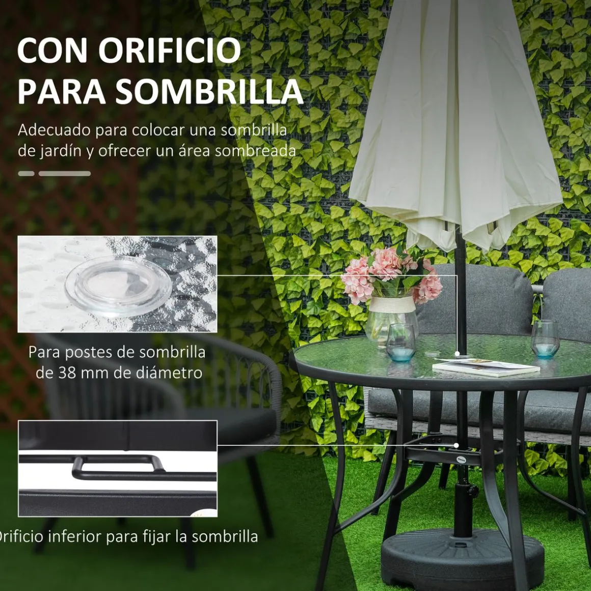 Mesa de cristal de jardín Outsunny redonda con agujero negro Ø106,5x71 cm