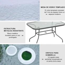 Mesa de cristal de jardín Outsunny rectangular con agujero negro 70x120x80 cm