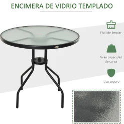 Mesa de jardín Chester Outsunny redonda con agujero para sombrilla negro Ø80x72 cm