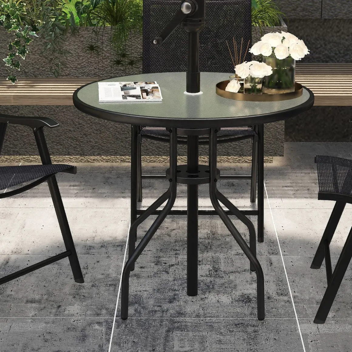 Mesa de jardín Chester Outsunny redonda con agujero para sombrilla negro Ø80x72 cm