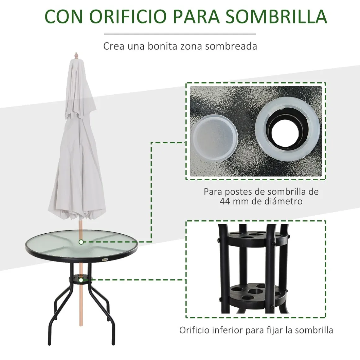 Mesa de jardín Chester Outsunny redonda con agujero para sombrilla negro Ø80x72 cm