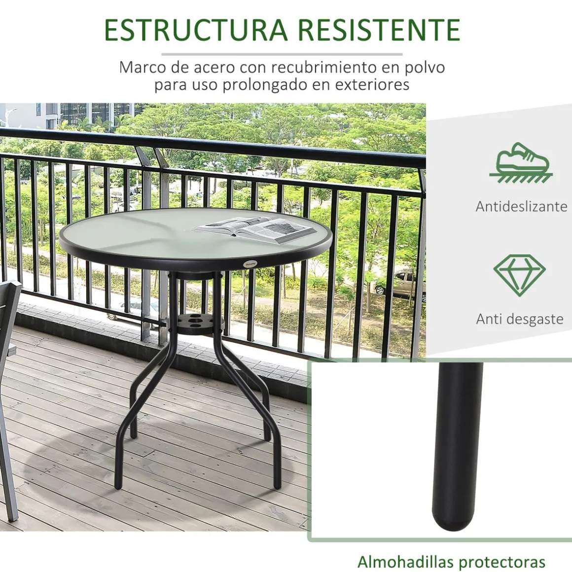 Mesa de jardín Chester Outsunny redonda con agujero para sombrilla negro Ø80x72 cm