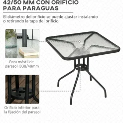 Mesa de jardín Leno Outsunny con agujero para sombrilla negro 72x76x76 cm