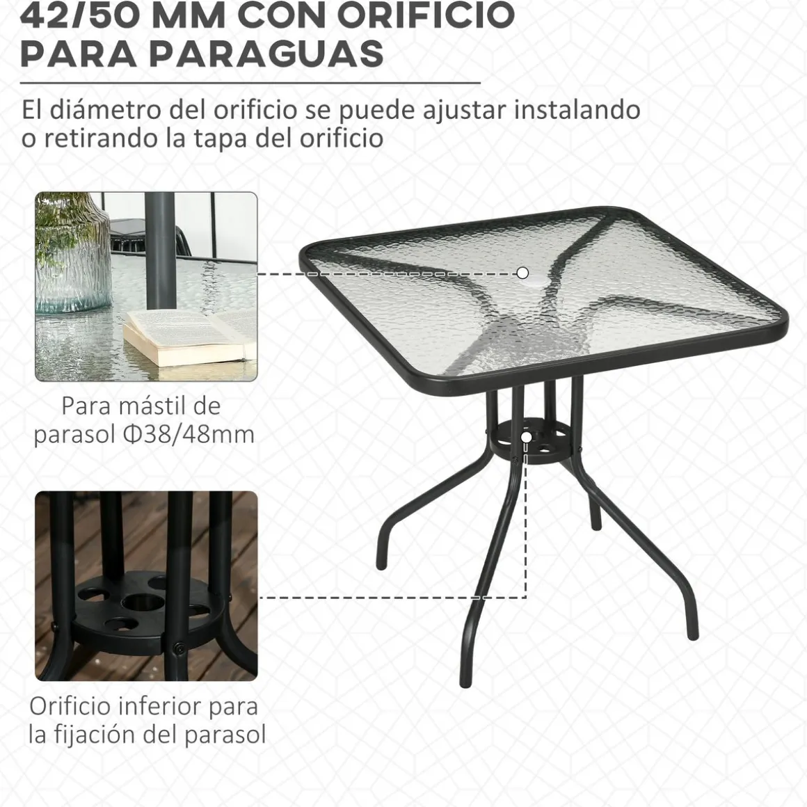Mesa de jardín Leno Outsunny con agujero para sombrilla negro 72x76x76 cm