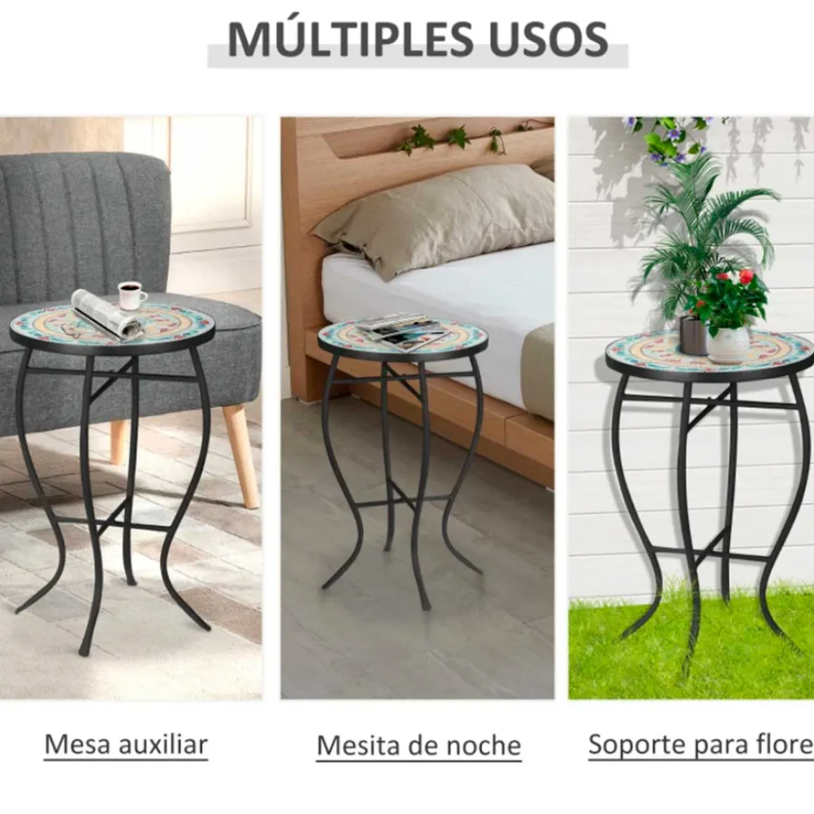 Mesa de jardín Outsunny redonda tipo mosaico con patas de metal Ø35,5x53,5 cm