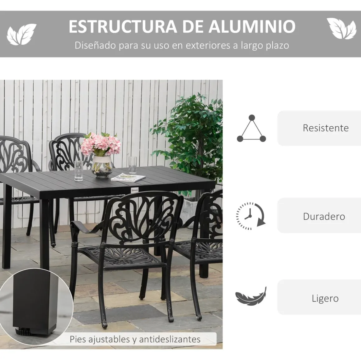 Mesa de jardín Outsunny rectangular 6 personas negro 74x140x90 cm