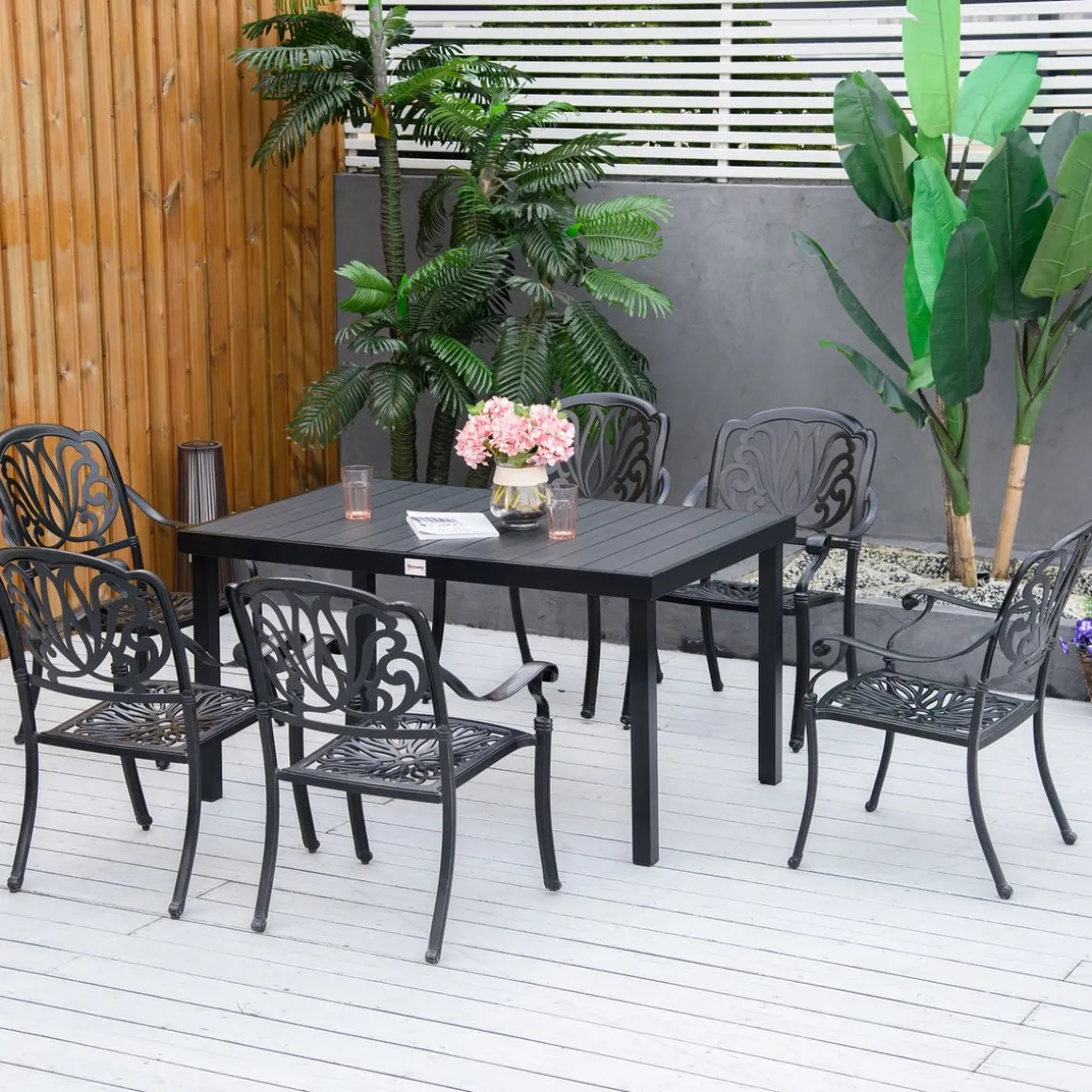 Mesa de jardín Outsunny rectangular 6 personas negro 74x140x90 cm