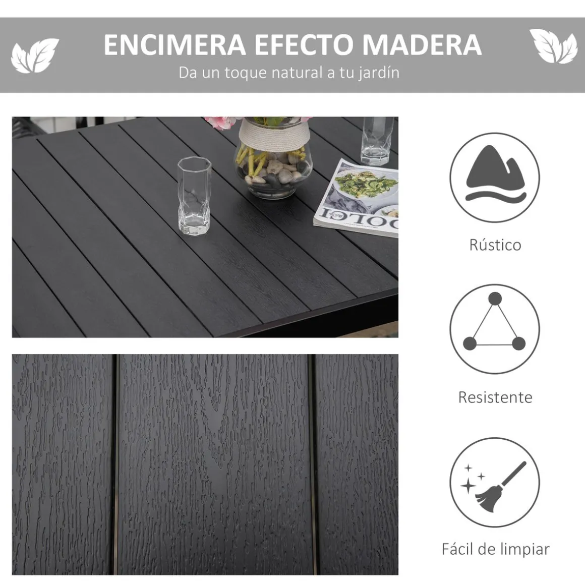 Mesa de jardín Outsunny rectangular 6 personas negro 74x140x90 cm