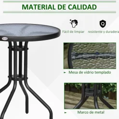 Mesa de jardín Outsunny redonda vidrio negro 60x70 cm