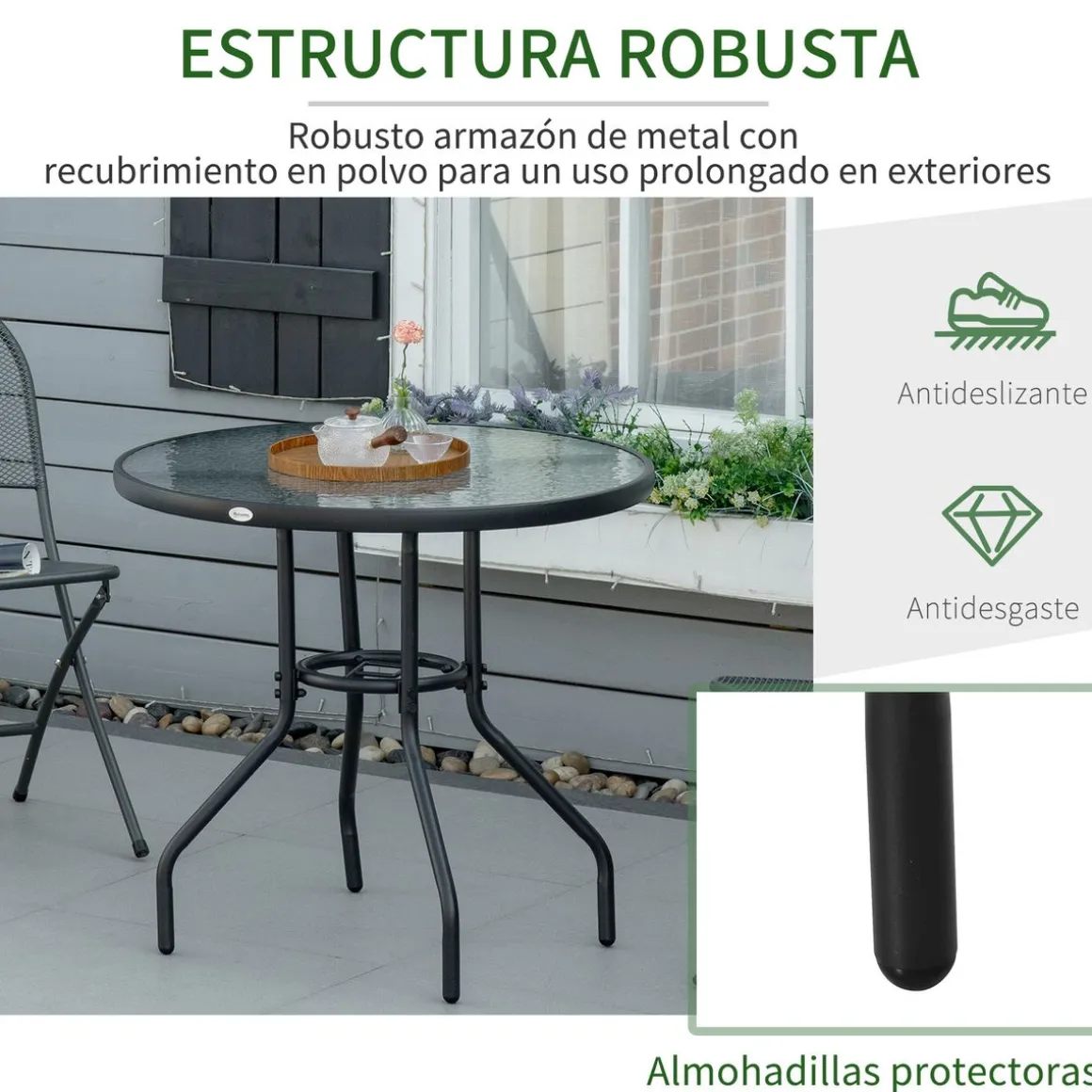 Mesa de jardín Stoke Outsunny redonda con agujero para sombrilla negro Ø80x72 cm