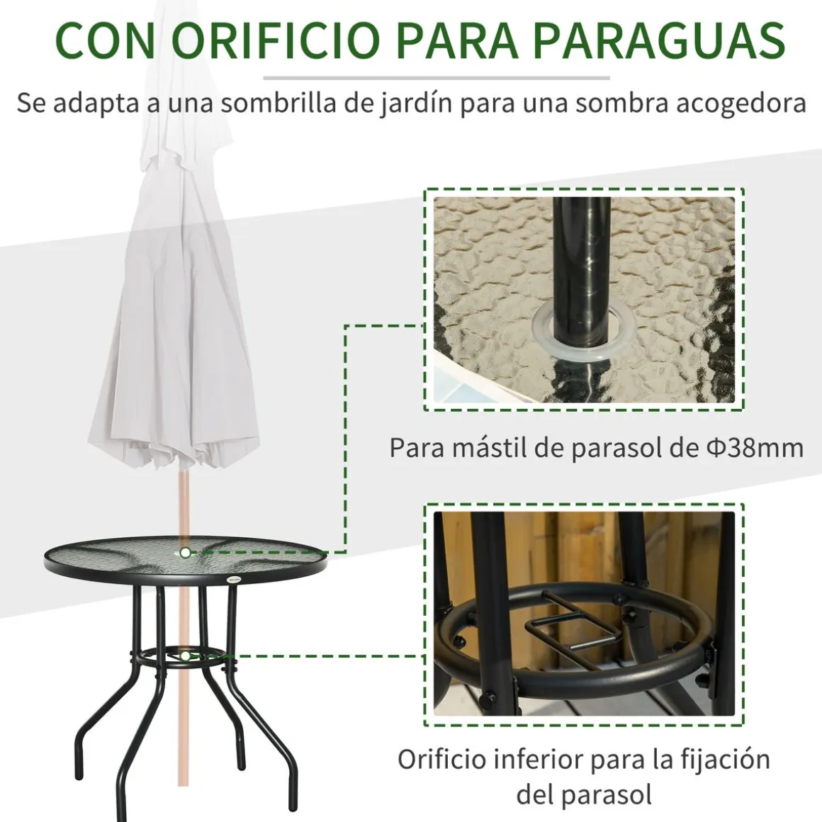 Mesa de jardín Stoke Outsunny redonda con agujero para sombrilla negro Ø80x72 cm