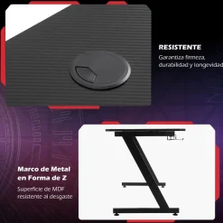 Mesa gaming Fenix Homcom portavasos + gancho + pies ajustables negro 74,5x120x65 cm