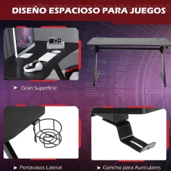 Mesa gaming Fenix Homcom portavasos + gancho + pies ajustables negro 74,5x120x65 cm