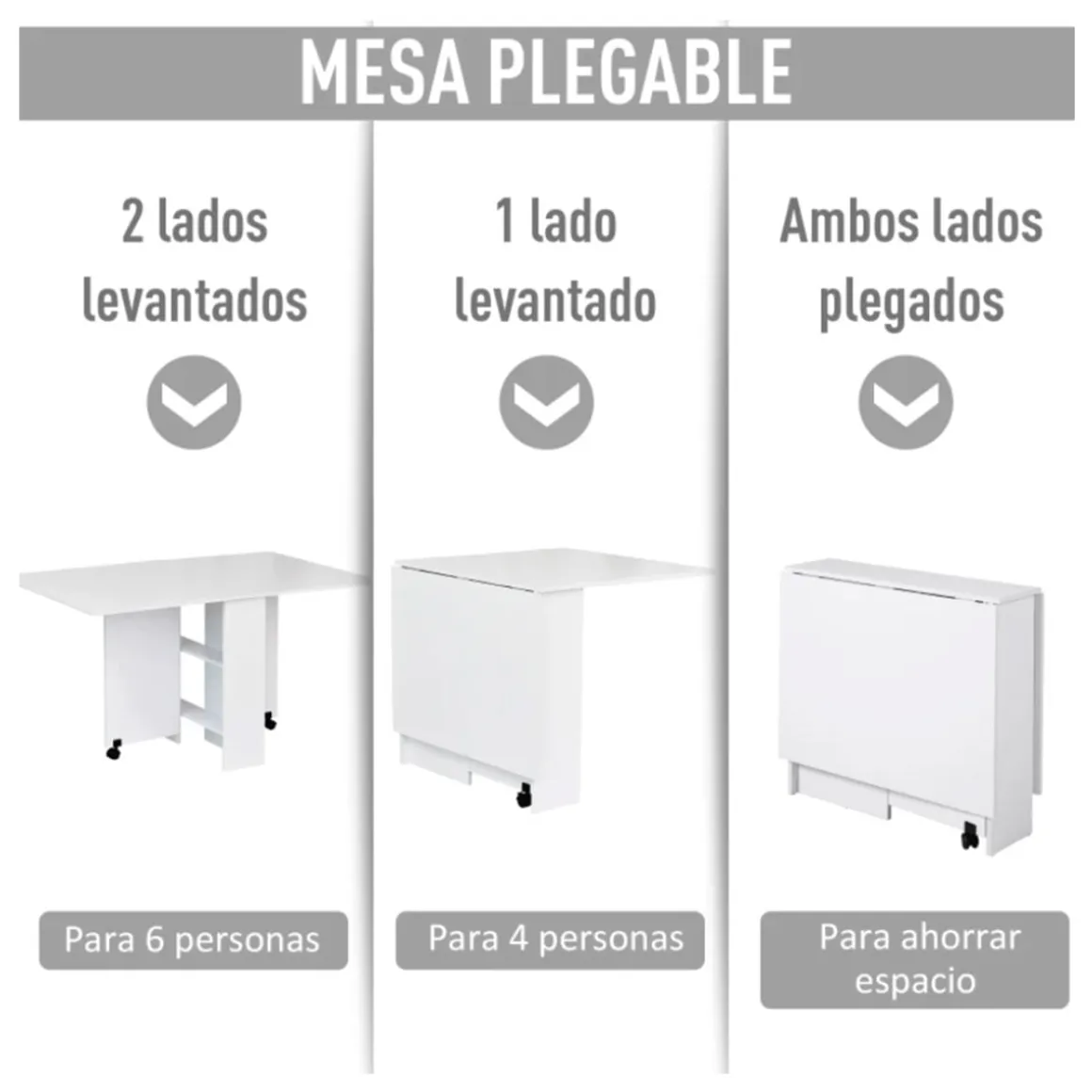 Mesa plegable Homcom 2 alas + 2 estantes + ruedas blanco 74x140x80 cm