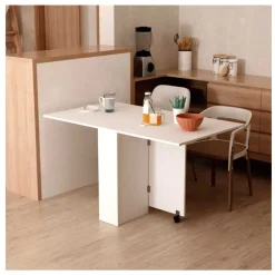 Mesa plegable Homcom 2 alas + 2 estantes + ruedas blanco 74x140x80 cm