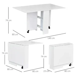 Mesa plegable Homcom 2 alas + 2 estantes + ruedas blanco 74x140x80 cm