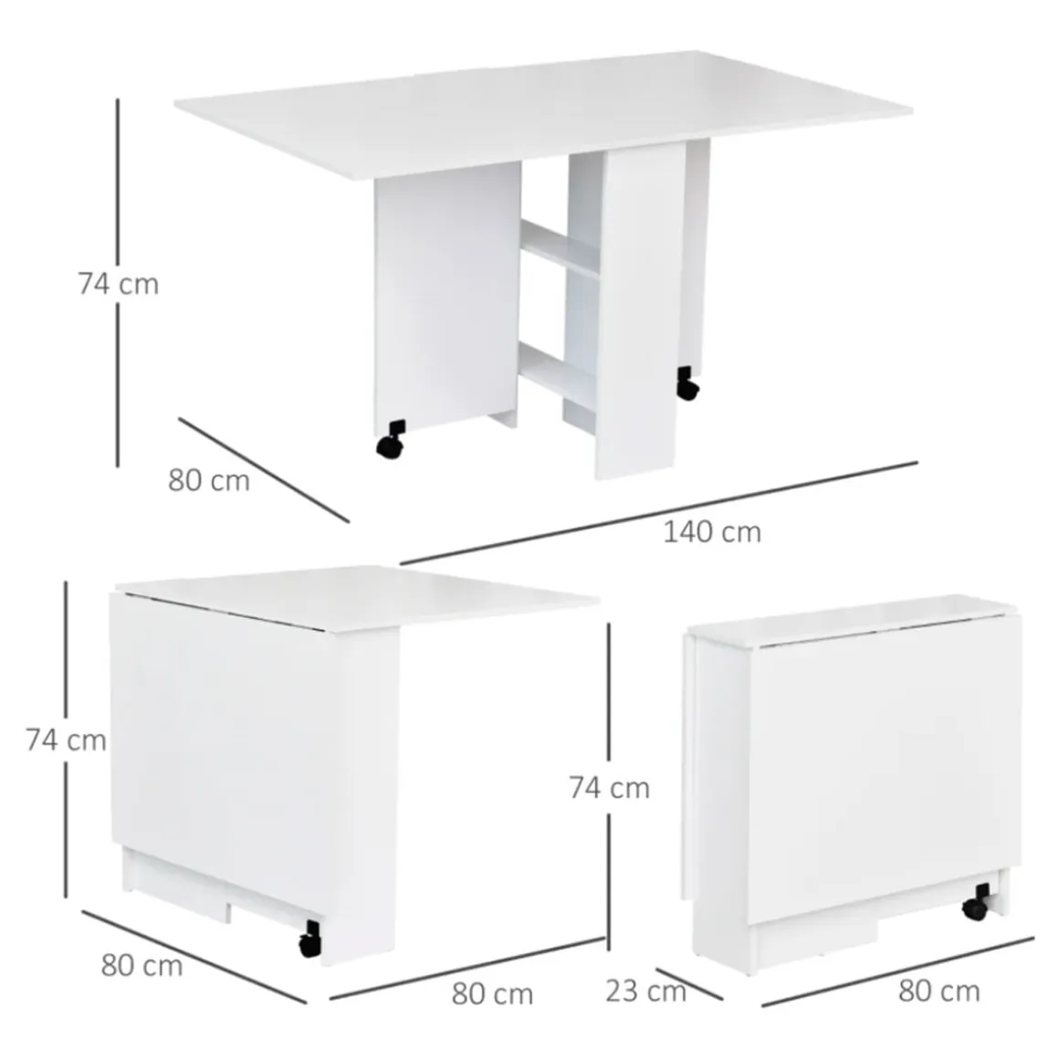 Mesa plegable Homcom 2 alas + 2 estantes + ruedas blanco 74x140x80 cm