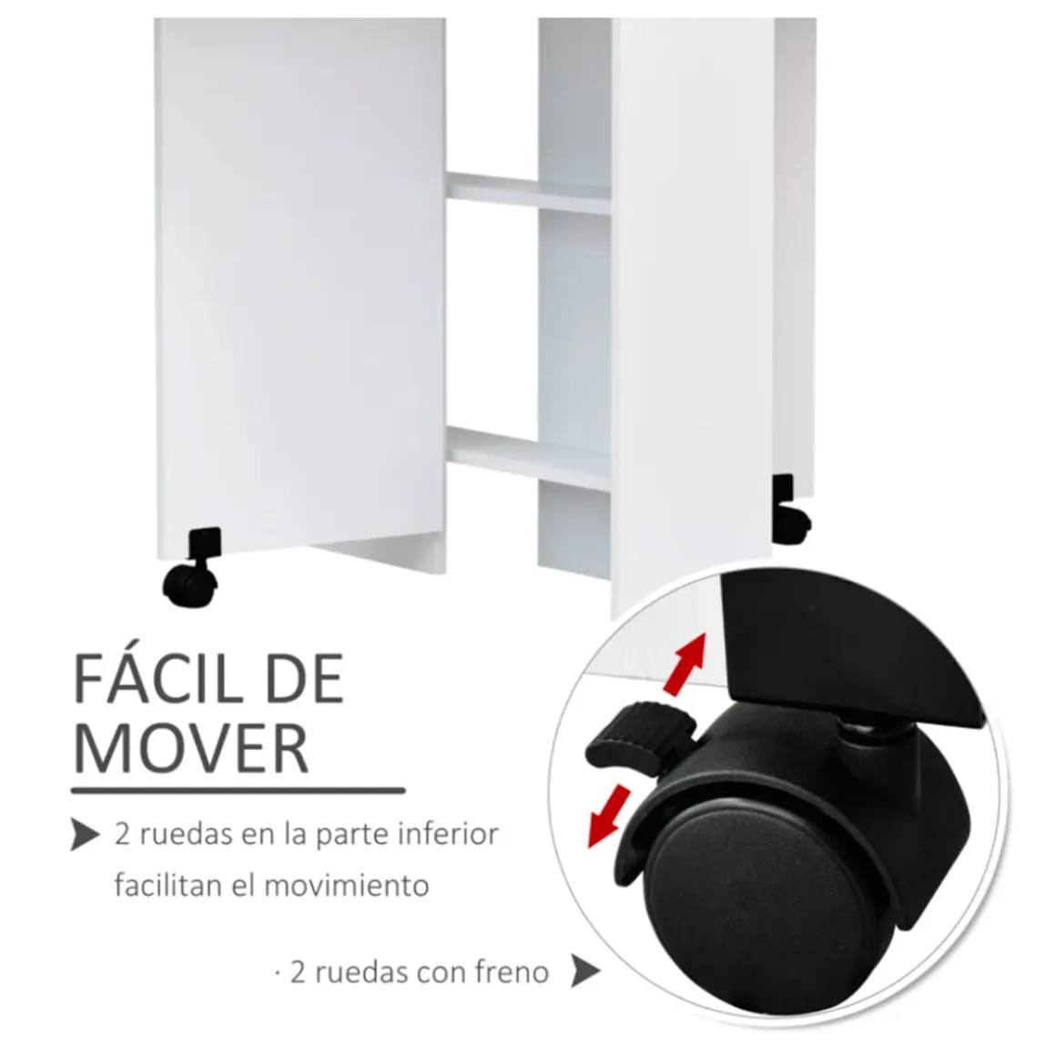 Mesa plegable Homcom 2 alas + 2 estantes + ruedas blanco 74x140x80 cm