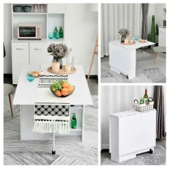 Mesa plegable Homcom 2 alas + 2 estantes + ruedas blanco 74x140x80 cm