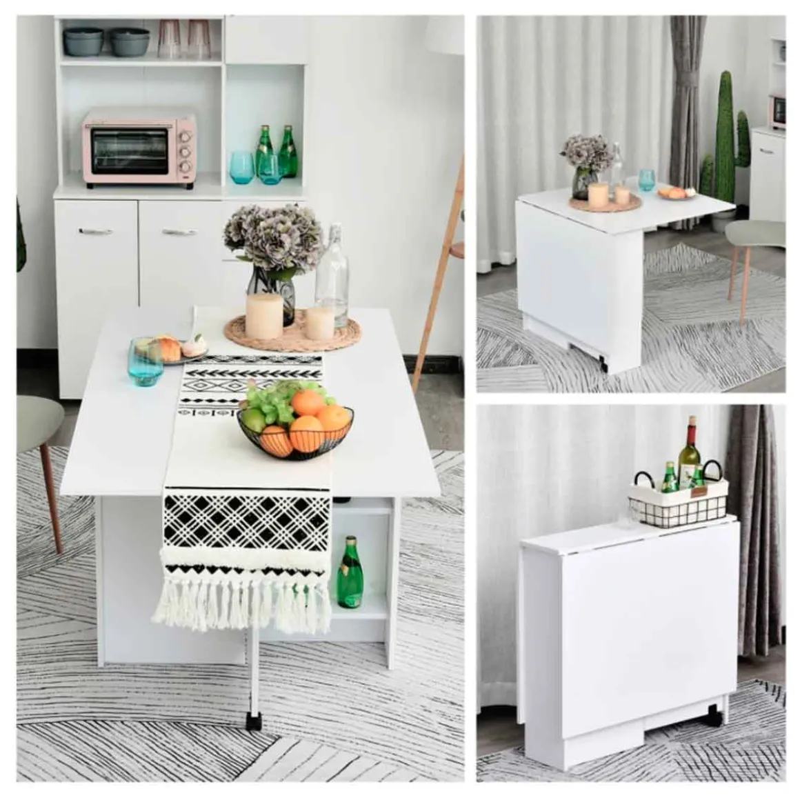 Mesa plegable Homcom 2 alas + 2 estantes + ruedas blanco 74x140x80 cm