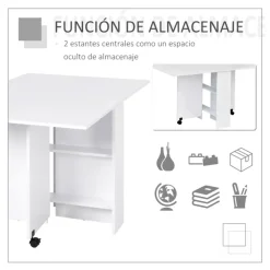 Mesa plegable Homcom 2 alas + 2 estantes + ruedas blanco 74x140x80 cm