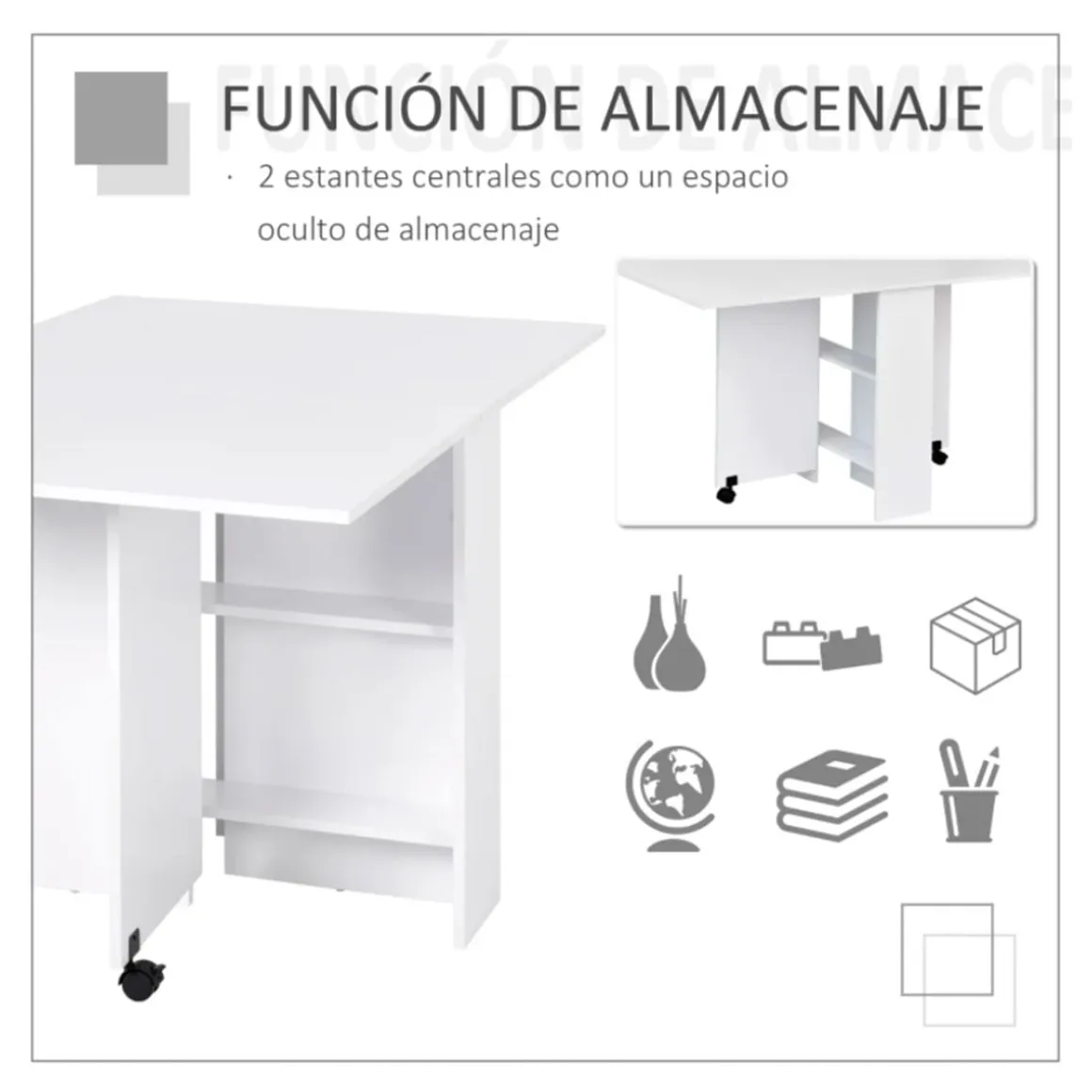 Mesa plegable Homcom 2 alas + 2 estantes + ruedas blanco 74x140x80 cm