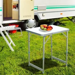 Mesa plegable Outsunny altura ajustable blanco 47,5-64x60x45 cm