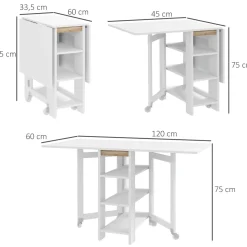 Mesa plegable Yves Homcom alas abatibles + 3 estantes blanco 75x120x60 cm