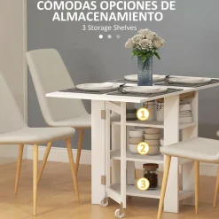 Mesa plegable Yves Homcom alas abatibles + 3 estantes blanco 75x120x60 cm