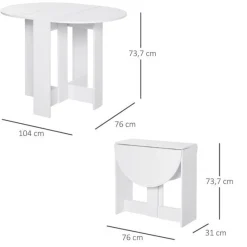 Mesa redonda de comedor Homcom plegable 2 alas abatibles blanco 73,7x76x31 cm