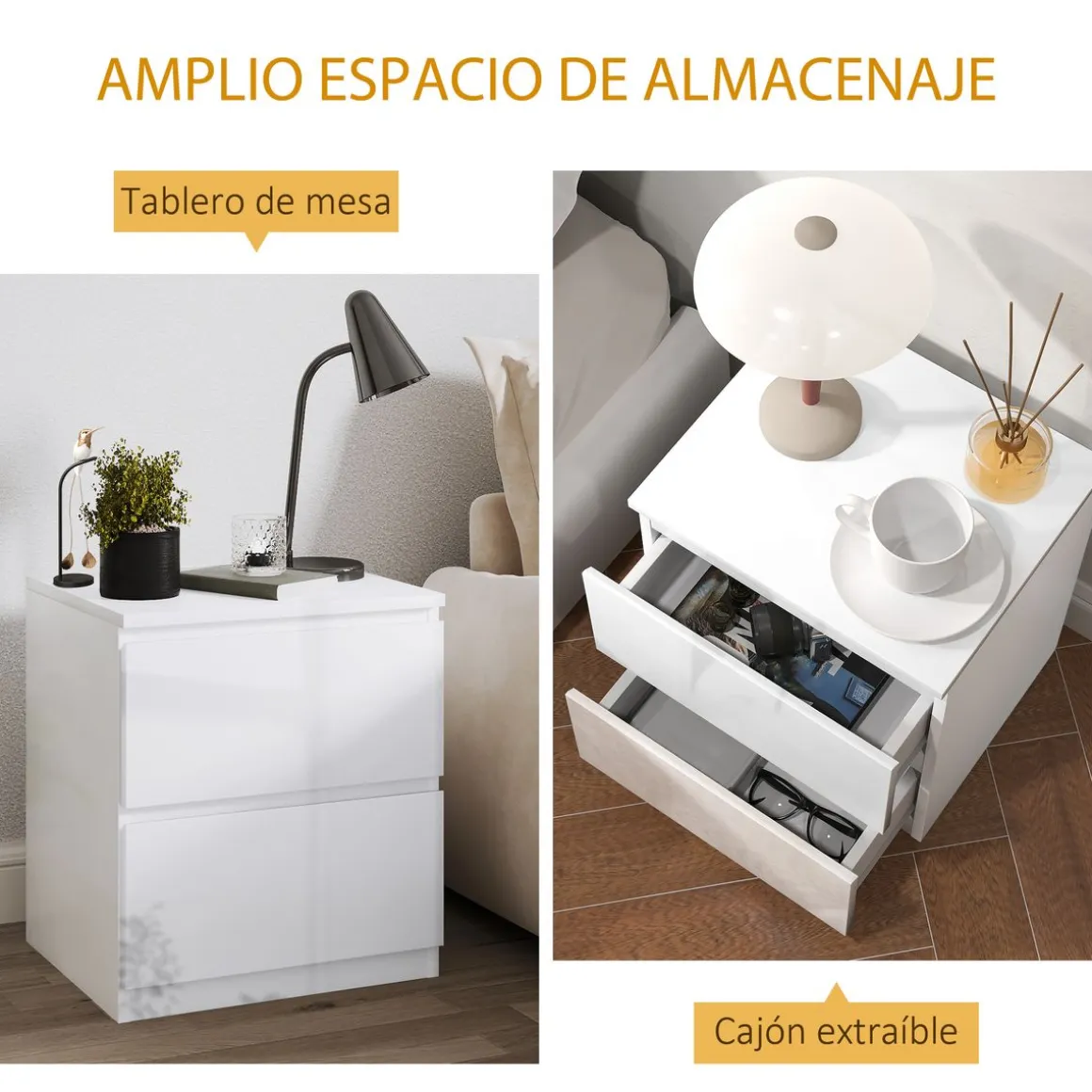 Mesita de noche Amazonita Homcom 2 cajones blanco brillo 45x40x34 cm