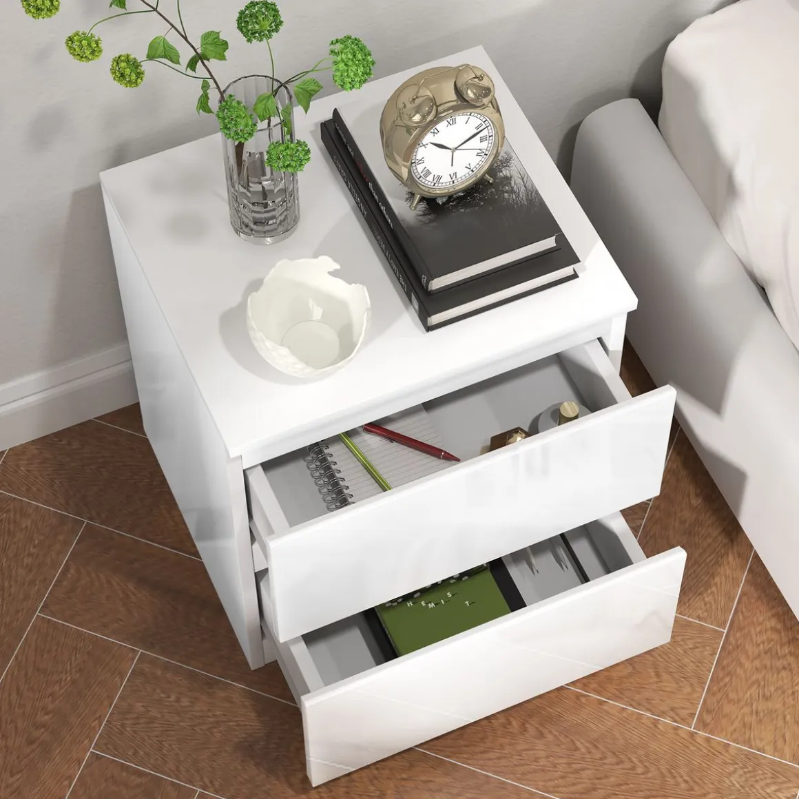 Mesita de noche Amazonita Homcom 2 cajones blanco brillo 45x40x34 cm