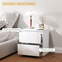 Mesita de noche Amazonita Homcom 2 cajones blanco brillo 45x40x34 cm