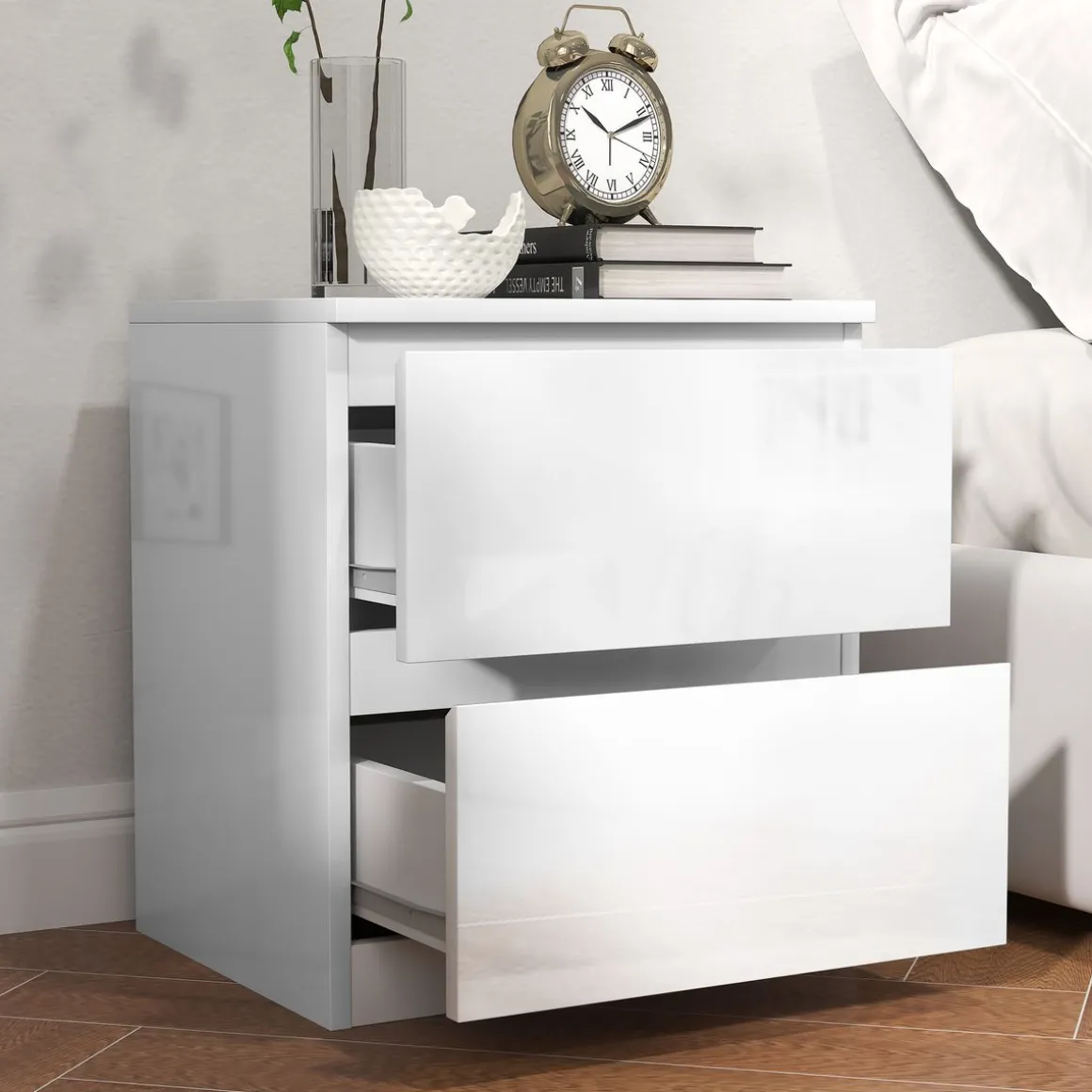 Mesita de noche Amazonita Homcom 2 cajones blanco brillo 45x40x34 cm