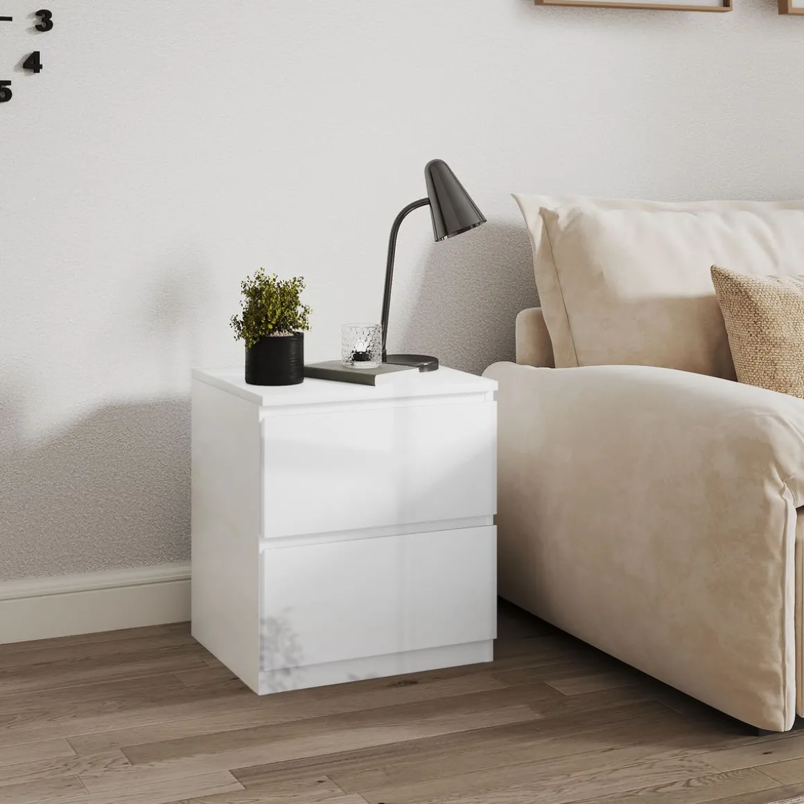 Mesita de noche Amazonita Homcom 2 cajones blanco brillo 45x40x34 cm