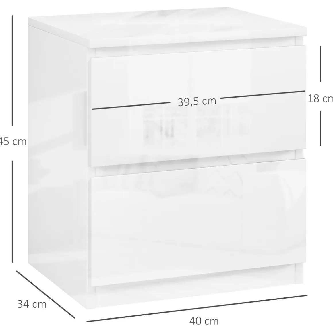 Mesita de noche Amazonita Homcom 2 cajones blanco brillo 45x40x34 cm