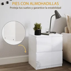 Mesita de noche Amazonita Homcom 2 cajones blanco brillo 45x40x34 cm