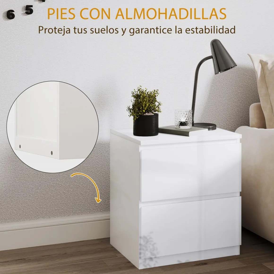 Mesita de noche Amazonita Homcom 2 cajones blanco brillo 45x40x34 cm