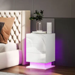 Mesita de noche Aura Homcom luz LED con 3 cajones blanco 60x40x35 cm