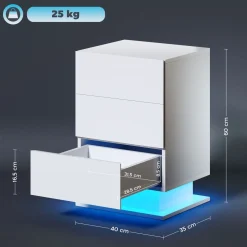 Mesita de noche Aura Homcom luz LED con 3 cajones blanco 60x40x35 cm