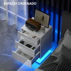 Mesita de noche Aura Homcom luz LED con 3 cajones blanco 60x40x35 cm