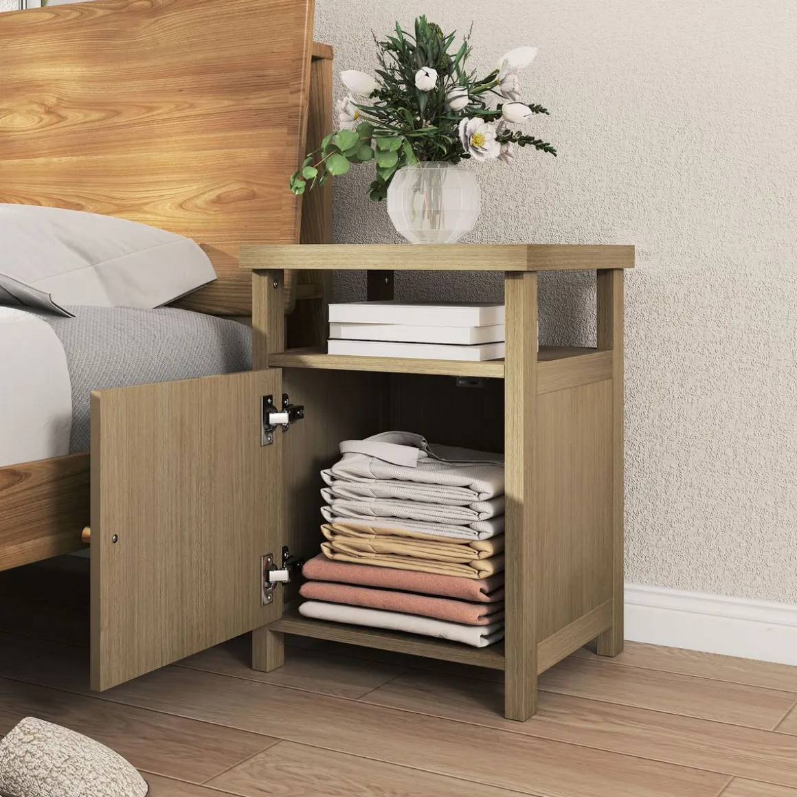 Mesita de noche Bali Homcom 1 estante abierto + 1 compartimento natural 55x40x35 cm