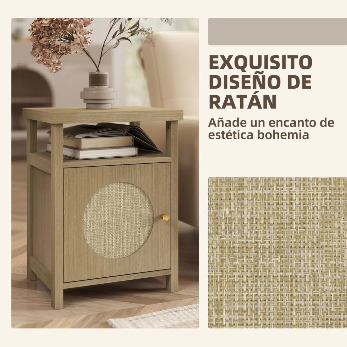 Mesita de noche Bali Homcom 1 estante abierto + 1 compartimento natural 55x40x35 cm