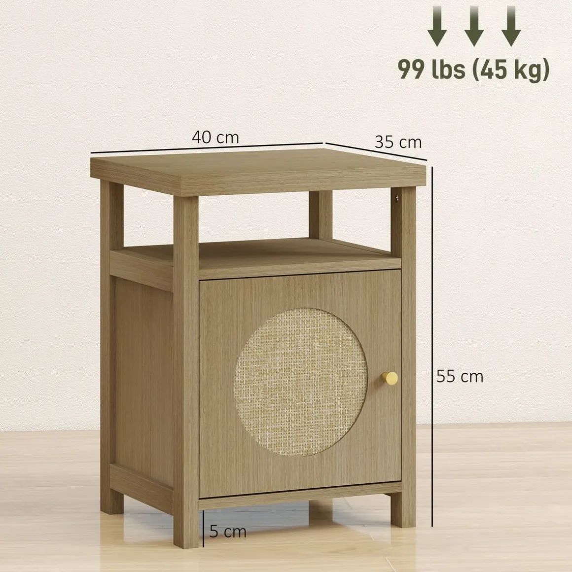 Mesita de noche Bali Homcom 1 estante abierto + 1 compartimento natural 55x40x35 cm
