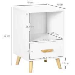 Mesita de noche Blanca Homcom 1 cajón + 1 módulo blanco/natural 62x40x40 cm