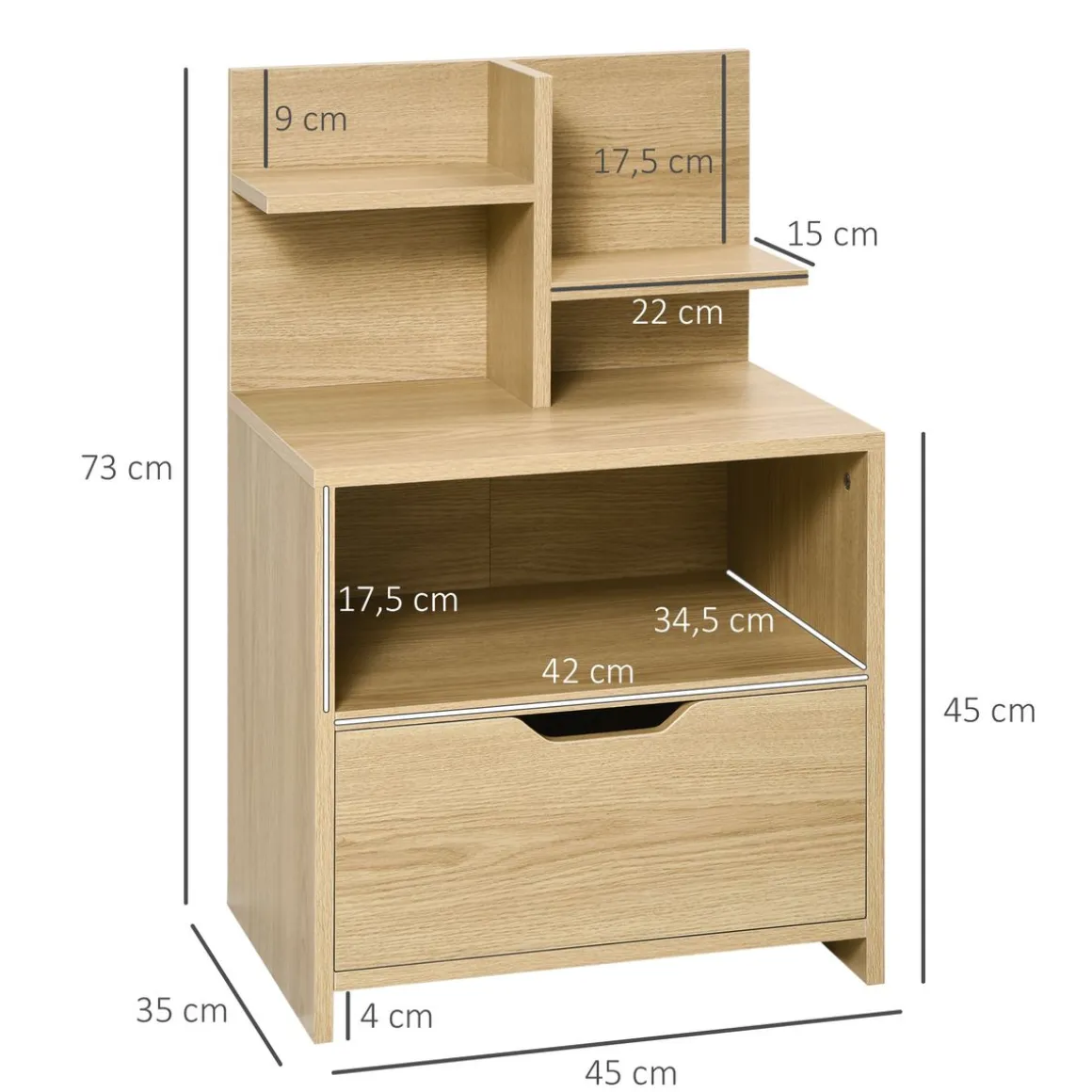 Mesita de noche Cala Homcom estantes + cajón natural 73x45x35 cm